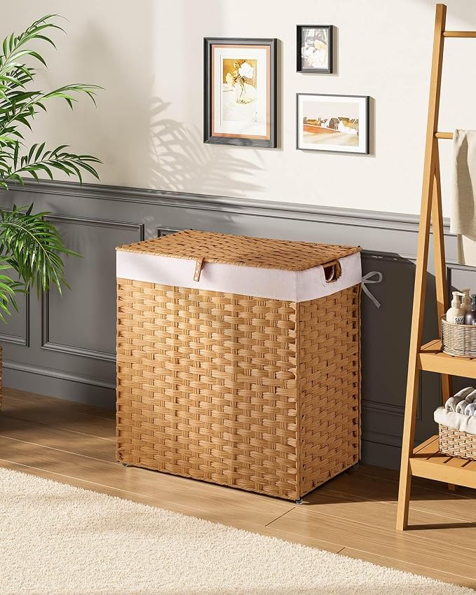 Greenstell Laundry Hamper with lid, No Install Needed, 110L Wicker Laundry Baskets Foldable 2 Removable Liner Bags, 2 Section Clothes Hamper Handwoven Rattan Laundry Basket with Handles, Natural - Image 2