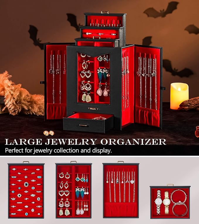 Homde Jewelry Organizer with Transparent Window Necklace Hooks Gift for Women Jewelry Box Display Case for Necklaces Rings Earrings Bracelets and Other Jewelry Accessories (Black + Red +Gold) - Image 5