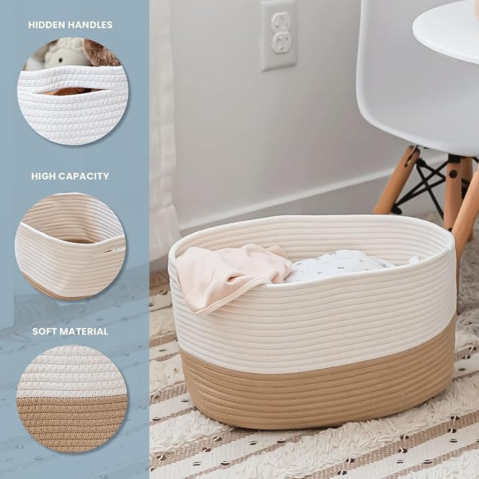 OrganiHaus Rope Baskets for Shelves - Set of 3 Woven Storage Baskets for Organizing, Closet & Toy Storage - Honey/Off-White - 15x9x10 - Image 3