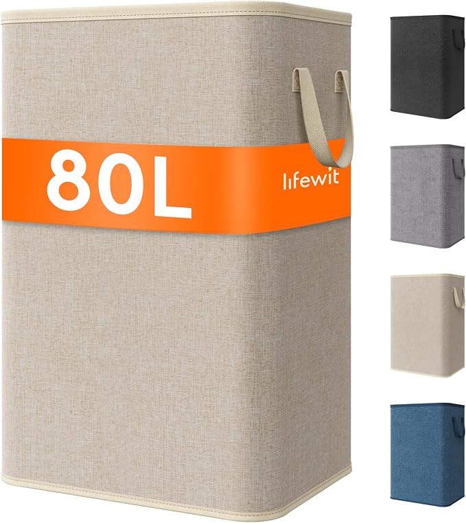 Lifewit 80L Large Tall Laundry Hamper, Collapsible Laundry Basket with Handles, Foldable Clothes Hampers for Laundry, Portable Dirty Clothes Hamper for Dorm College Bedroom Bathroom, Beige by Lifewit
