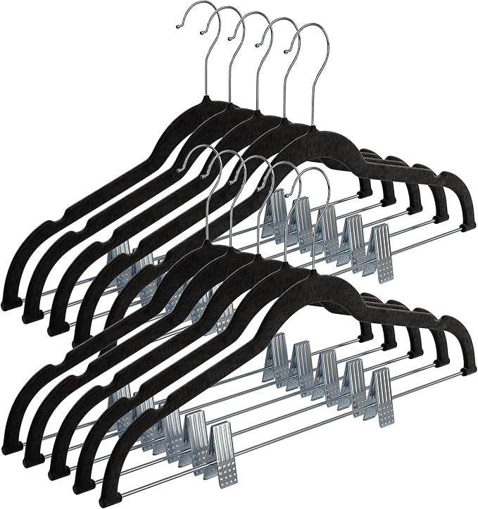 Home-it Pants Hangers With Clips 10 Pack - Black Velvet Non Slip Space-Saving for Pants, Skirts, Coats, Dresses, Tank Tops, Clothes - Felt Ultra Thin by HOMEIT
