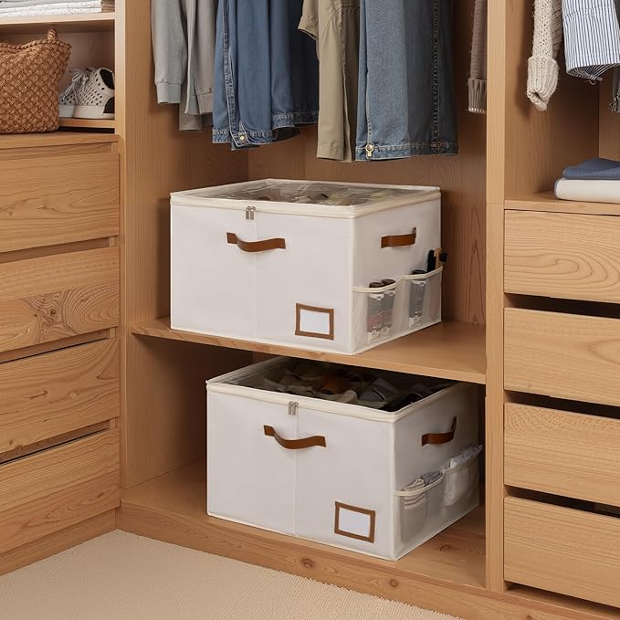 StorageWorks Shoe Organizer for Closet, 2 Pack Shoe Storage Boxes with Clear Lid, Stackable Shoe Storage Organizer for Sandals and Slippers, Fabric Shoe Bins for Closet, Holds 16–32 Pairs, Beige - Image 6