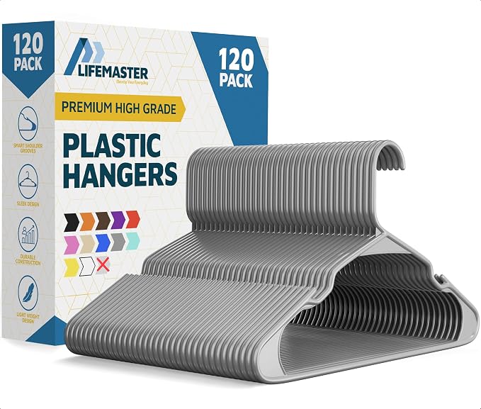 Lifemaster Plastic Clothes Hangers – Heavy Duty Hanger Set, for Organizing Clothes, Dresses, and Coat, Holds Up to 5 lbs, Space-Saving Hangers with Non-Slip Shoulder Grooves, Pack of 120, Gray by LIFEMASTER