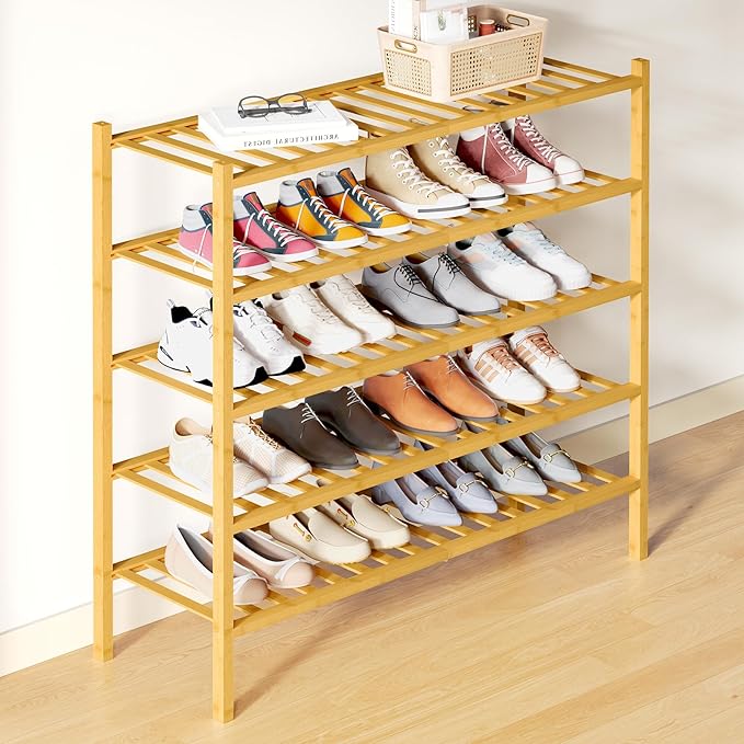Smiry Bamboo Shoe Rack for Closet, 5 Tier Long Wooden Stackable Shoe Organizer, Free Standing Shoes Storage Shelf for Entryway, Front Door Entrance, Natural by Smiry