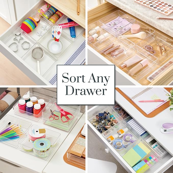 STORi SimpleSort 6-Piece Stackable Clear Drawer Organizer Set | 6" x 6" x 2" Square Trays | Small Makeup Vanity Storage Bins and Office Desk Drawer Dividers | Made in USA - Image 4