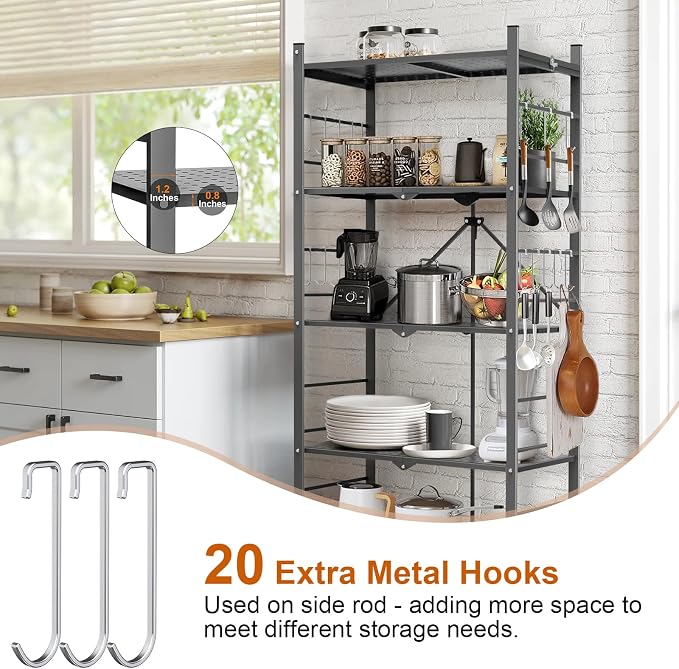 Himix Storage Shelves with 20 Hooks, 5-Tier Foldable Shelves for Storage, Folding Shelf Unit Pantry Shelves Bookshelf with Wheels, Vendor Display Racks for Craft Shows, Home, Grey - No Assembly - Image 3