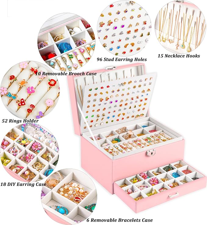 QBestry Earring Jewelry Box for Girls Pink, 5 Layers Jewelry Organizer with Lock Key Jewelry Boxes for Women Necklace and Earring Holder Organizer for Girls Teen Jewelry Box Earrings Case Xmas Gifts - Image 2