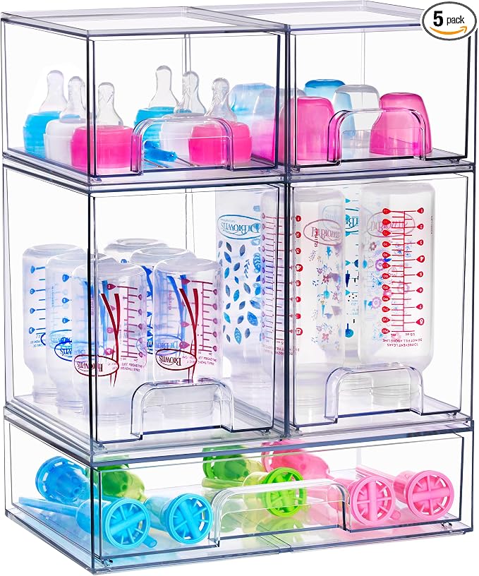 Sorbus Stackable Acrylic Storage Drawers – 2 Small + 2 Tall + 1 Wide – 5 Pack Clear Plastic Organizer Bins for Baby Bottles, Makeup, Bathroom & Vanity, Pull-Out Drawer Design for Kitchen Cabinets by Sorbus