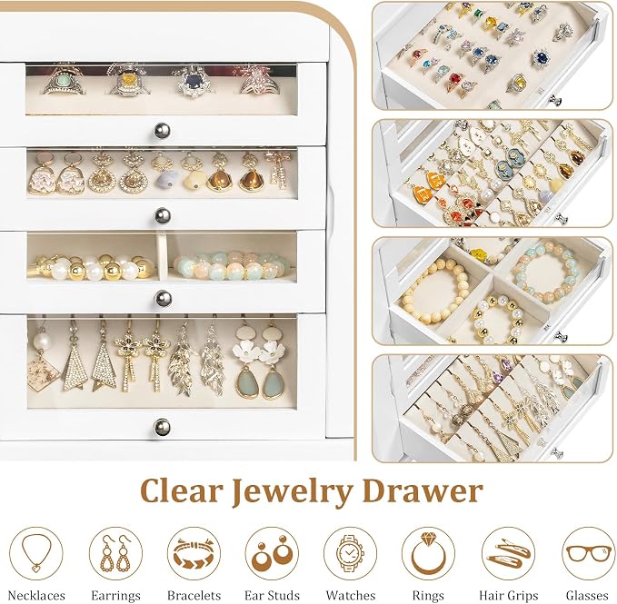 Large Jewelry Box & Organizer for Women, Wooden Jewelry Storage with 4 Transparent Drawers, Holds Necklaces, Rings, Bracelets, Earrings and Watches(White) - Image 4