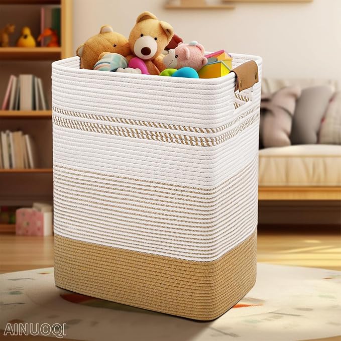 Large Laundry Hamper Basket, 85L Cotton Rope Woven Storage Bin for Blankets, Dirty Clothes Toys, Decorative Tall Basket with Leather Handles for Living Room, Bedroom, Bathroom, Nursery, Jute - Image 3
