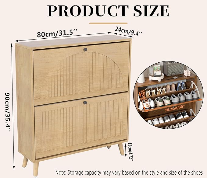 Fsbecl Shoe Storage Cabinet for Entryway with 2 Flip Drawers, Narrow Wood Shoe Cabinet with Fluted Panel, Freestanding Hidden Shoe Organizer for Foyer, Hallway (Wood Color) - Image 2