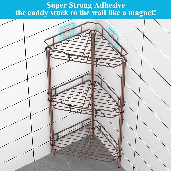 HuggieGems 3 Tier Floor Standing Corner Shower Caddy Organizer Shelf with Hooks, Bathroom Shelves Stand Rack, Coffee - Image 2