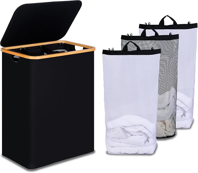 efluky Laundry Hamper with Lid, Trio Laundry Hamper with 3 Removable Bags, 3 Section Laundry Basket with Bamboo Handles for Bathroom, Bedroom & Laundry Room, 160L Black by efluky