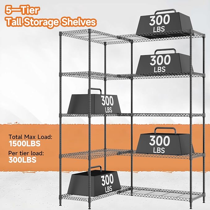 M MZG 5 Tiers Storage Shelves Load 1500LBS, Metal Shelving Wire Metal Shelving Unit Shelves for Storage Adjustable Garage Shelving for Pantry Kitchen Garage Black 15.8" D x 33.5" W x 70.5" H - Image 4