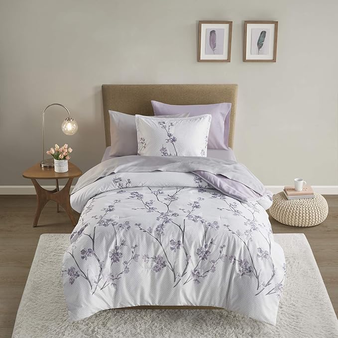 Comfort Spaces Bed in A Bag - Trendy Casual Design Cozy Comforter with Complete Sheet Set with Side Pocket, All Season Cover, Matching Shams Twin XL(66 in x 90 in), Kate, Grey/Purple 6 Piece
