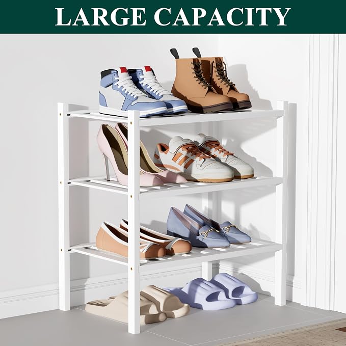 Smiry Bamboo Shoe Rack for Closet, 3 Tier Small Wooden Stackable Shoe Organizer, Free Standing Shoes Storage Shelf for Entryway, Front Door Entrance, White - Image 5