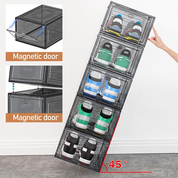 caktraie 10 Pack Thicken Shoe Organizer Stackable,Upgraded Sturdy Shoe Storage Box with Magnetic Door,Shoe Containers For Sneaker Display,Hat Organizer,Black… - Image 5