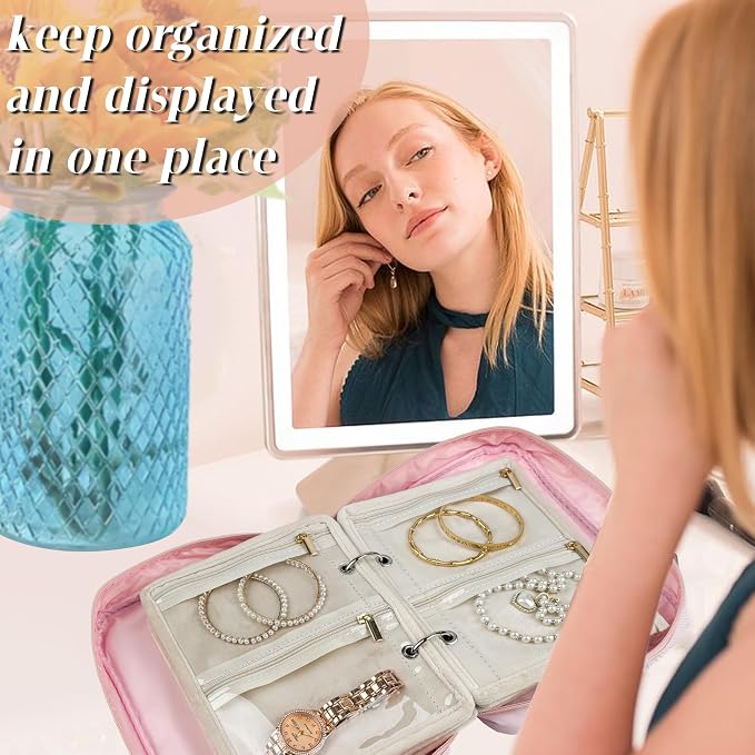 Travel Jewelry Organizer Case,Small Jewelry Bags for Traveling, Jewelry Binder with 24 Pcs Clear Zipper Velvet Pouches (Pink) - Image 5