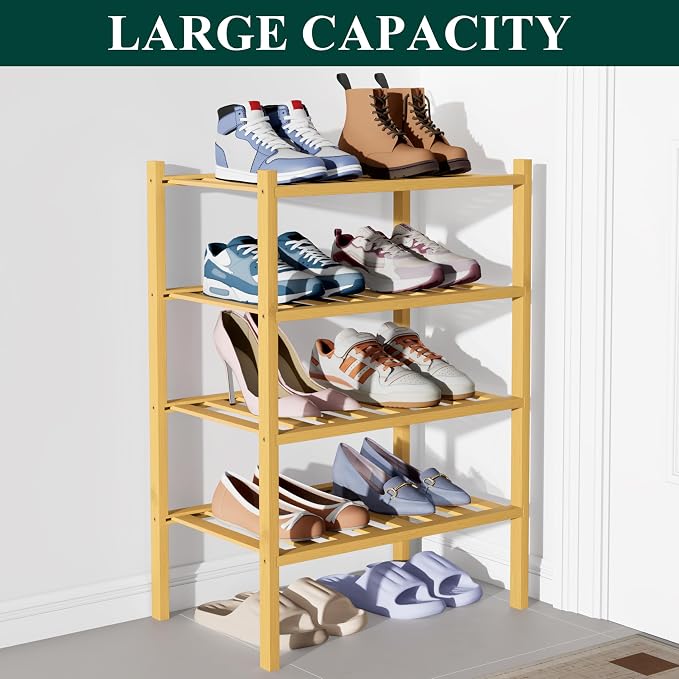 Smiry Bamboo Shoe Rack for Closet, 4 Tier Small Wooden Stackable Shoe Organizer, Free Standing Shoes Storage Shelf for Entryway, Front Door Entrance, Natural - Image 5