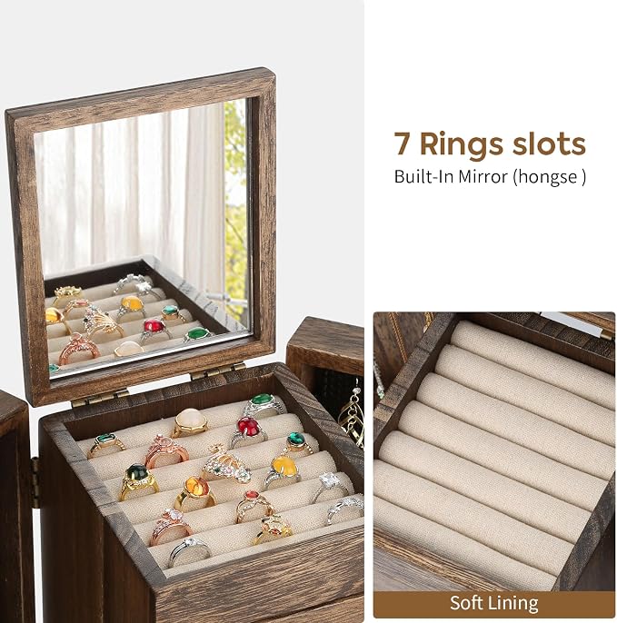 Meangood Jewelry Box Wood for Wowen, 5-Layer Large Organizer Box with Mirror & 4 Drawers for Rings, Earrings, Necklaces, Walnut - Image 3