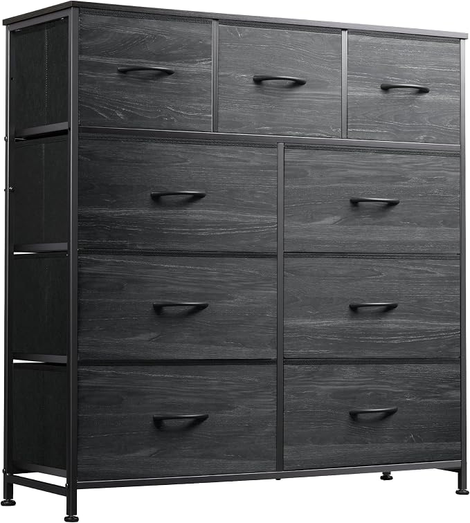 WLIVE 9-Drawer Dresser, Fabric Storage Tower for Bedroom, Entryway, Closet, Tall Chest Organizer Unit with Fabric Bins, Steel Frame, Wood Top, Easy Pull Handle, Charcoal Black Wood Grain Print by WLIVE