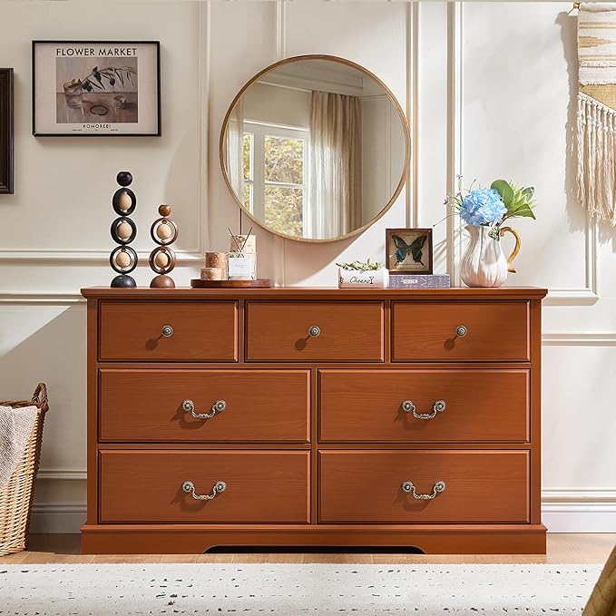 Farmhouse Dressers & Night Stand,54" Wide 7 Drawer Dresser & 18" Wide 2 Drawers End Table with Charging Station,Furniture Dresser Sets for Home,Caramel