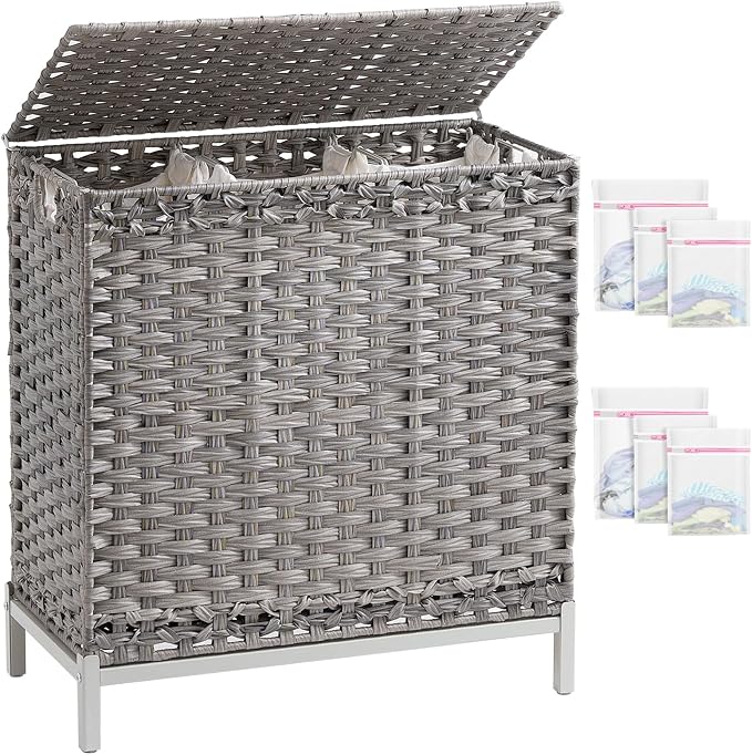 SETVSON Laundry Hamper with Lid 132 L, (35 Gallons) Clothes Hamper with Lid, Handwoven Rattan Laundry Hamper with Metal Heightened Feet, Laundry Hampers with 3 Removable Liner Bags for Laundry-Gray by SETVSON