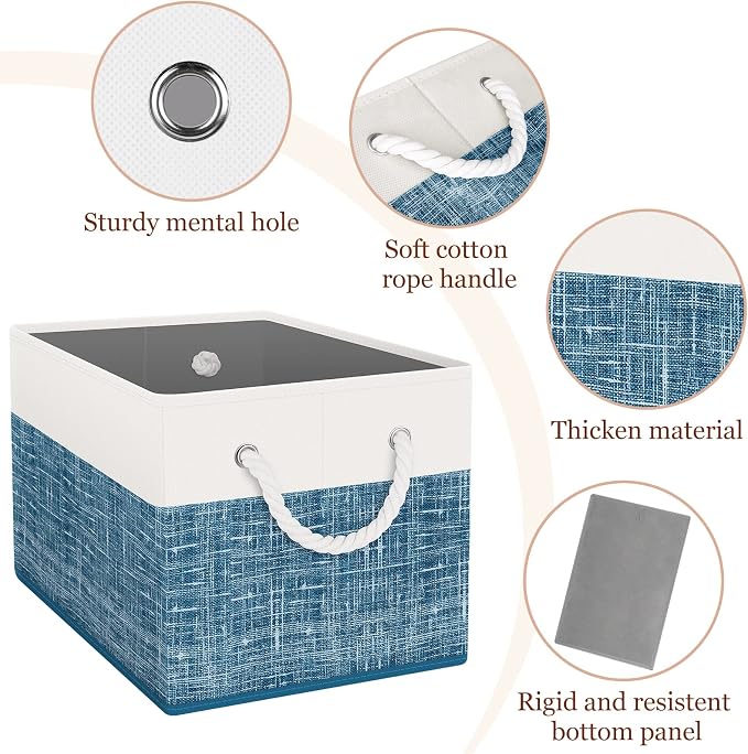 StorageTastic Storage Bin,Collapsible Storage Basket For Organizing,Large Storage Boxes With Rope Handles,Storage Containers,White & Blue,2 Pack - Image 3