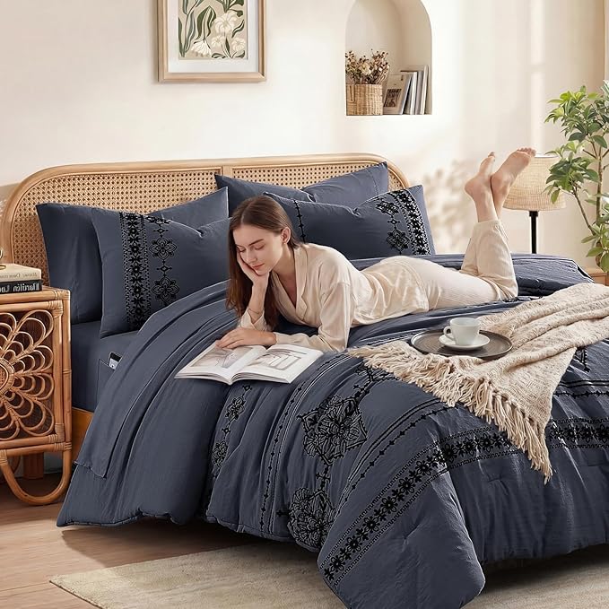 MaiRêve Full Size Comforter Set Crown Blue, Embroidery Floral Western Boho Bedding Set, All Season 7 Pieces Bed in a Bag with Sheets, Pillowcases & Shams