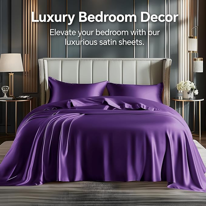 BEDELITE Satin Sheets Queen Size Bed Set, Luxury Soft Plum Purple Sheets for Hair and Skin, Similar to Silk Bed Sheets Set 4 Pieces with 1 Deep Pocket Fitted Sheet, 1 Flat Sheet, and 2 Pillowcases