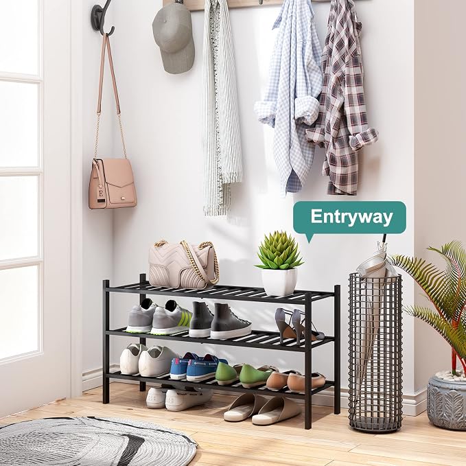 viewcare 3-Tier Long Black Shoe Rack, Bamboo Wood Shoe Rack for Closet, Entryway & Hallway, Stackable | Functional | Sturdy - Image 5