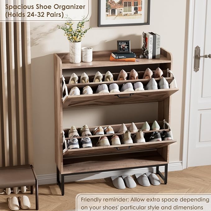 Nicetree Shoe Cabinet with 2 Flip Drawers，Freestanding Shoe Storage Cabinet, Narrow Shoe Organizer Cabinet, Farmhouse Slim Shoe Rack Cabinet for Entryway,Toasted Oak - Image 6