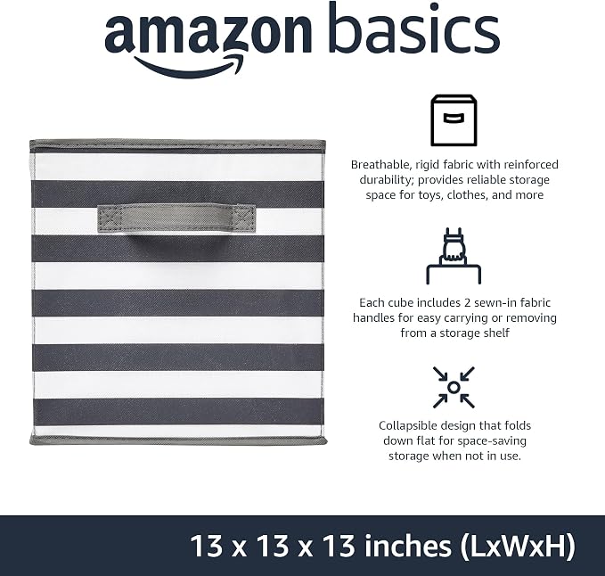 Amazon Basics Collapsible Fabric Storage Bins with Handles, Cube Organizer for Organizing, 13"x13"x13", White/Light Grey Stripe, 6-Pack - Image 2