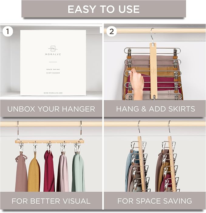 MORALVE Skirt Hangers Space Saving with Clips - 2 Pack - European Beechwood 5-Tier Hanger for Shorts, Skirts, and Pants - Closet Organizer and Storage Solution for Women with 360° Swivel Hook - Image 7