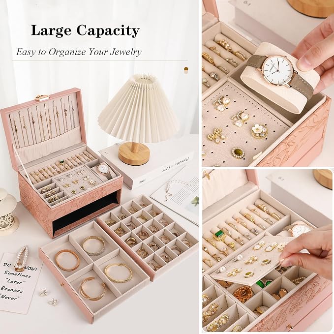 TOFUNTOY Jewelry Organizer Box, Large Jewelry Boxes for Women, 3-Layer Jewelry Holder Organizer for Necklace Earrings Rings Bracelets Storage, Gift for Her Mom - Image 4
