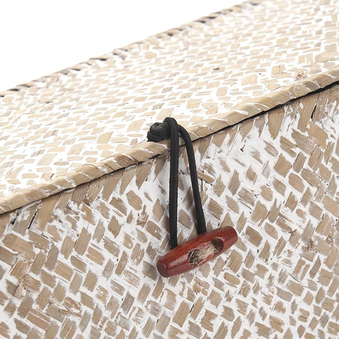Seagrass Storage Basket with Lid Rectangular Small Woven Shelf Baskets with Sections for Organize Snack Toys Whitewash - Image 4