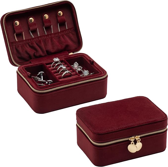 Velvet Travel Jewelry Organizer Box with Zipper Around,Portable Accessory Display Tray Holder Storage Case for Multiple Earrings Rings Necklaces Bracelets (Red) - Image 2