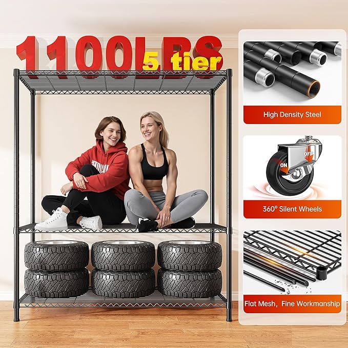 REIBII 45''W Storage Shelves with Cover & Wheels, Metal Shelving Waterproof Dustproof, Wire Shelving Unit Covers, Garage Storage Rack Wire Shelf for Kitchen Pantry, Storage Room, 45Wx17.72Dx72.83H - Image 5