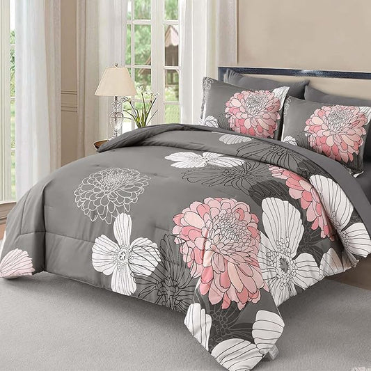 Yiran Cal King Flower Boho Comforter Set Gray Pink Bed in a Bag 7 Pieces Floral Bedding Set (1 Comforter 1 Flat Sheet 1 Fitted Sheet 2 Pillowcases 2 Pillow Shams)