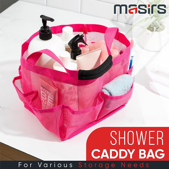 Masirs Shower Caddy Mesh - 9 Pocket Portable Bathroom Organizer Tote for Travel, Gym & Dorm - Collapsible Small Shower Caddy Bag to Hold Toiletries & Essentials (Pink) - Image 2