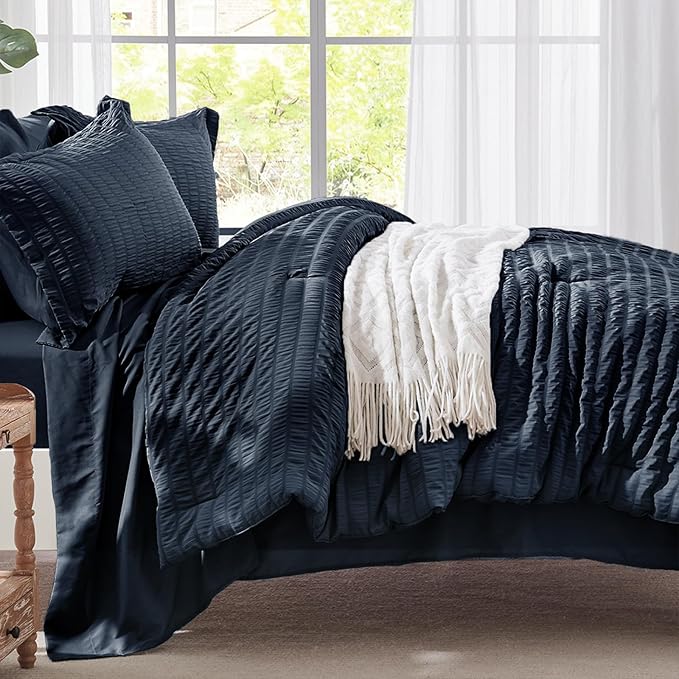 Zzlpp Twin Comforter Set 5 Pieces, Navy Blue Seersucker Bed in a Bag with Comforter and Pillowcase, All Season Bedding Sets with 1 Comforter, 1 Pillow Sham, 1 Flat Sheet, 1 Fitted Sheet