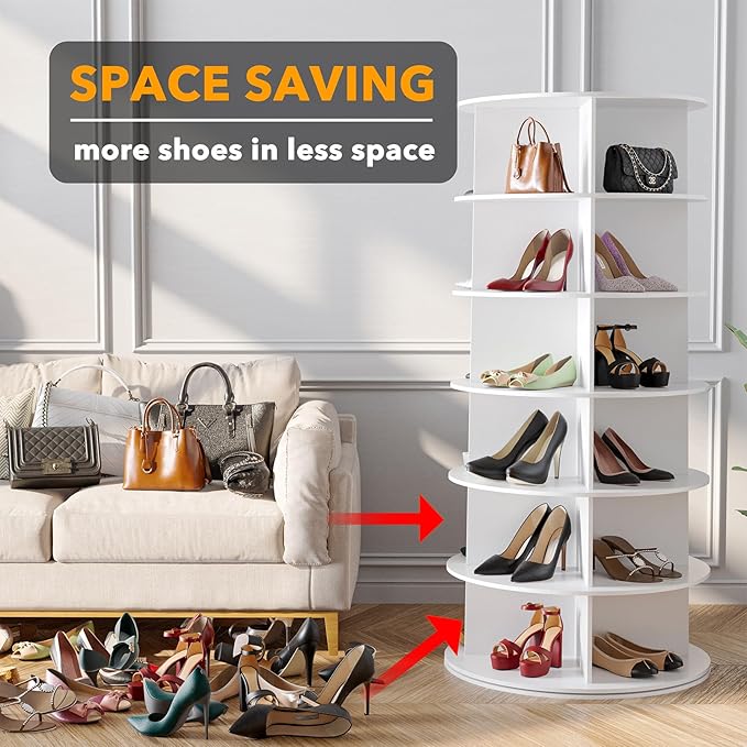 SpaceAid 6 Tier Rotating Shoe Rack Tower, Spinning Shoe Display Lazy Susan, Revolving 360 Shoe Rack Storage Round Carousel, Vertical Handbag Rotate Shoes Closet Organization (6-Tier White) - Image 3