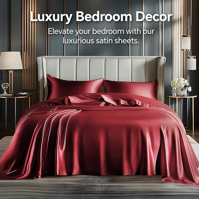 BEDELITE Satin Sheets Full Size Bed Set, Luxury Soft Burgundy Silky Sheet for Hair and Skin, Similar to Silk Bed Sheets Set 4 Pieces with 1 Deep Pocket Fitted Sheet, 1 Flat Sheet, and 2 Pillowcases