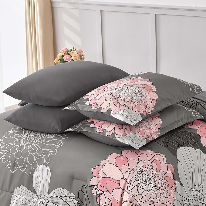 Yiran Full Size Comforter Sets,7 Pieces Grey Pink Floral Comforter Set with Flowers Pattern,Soft Microfiber Bedding Set for All Season(90"x78")