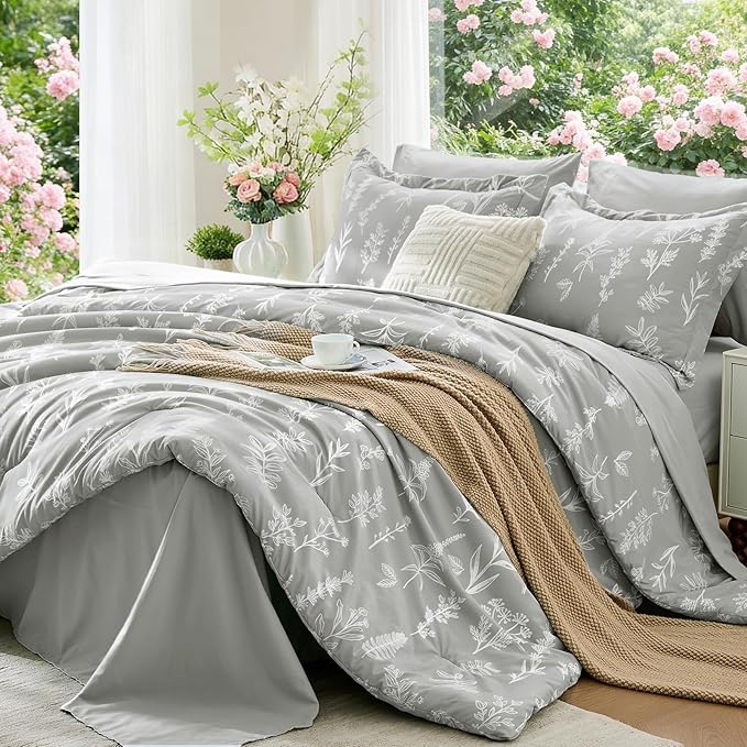 MUXHOMO Silver Grey Bed in a Bag King 7 Pieces, King Comforter Set Reversible Botanical Flowers Design, Ultra Soft & Breathable Bedding Sets with Comforter, Sheets, Pillowcases & Shams