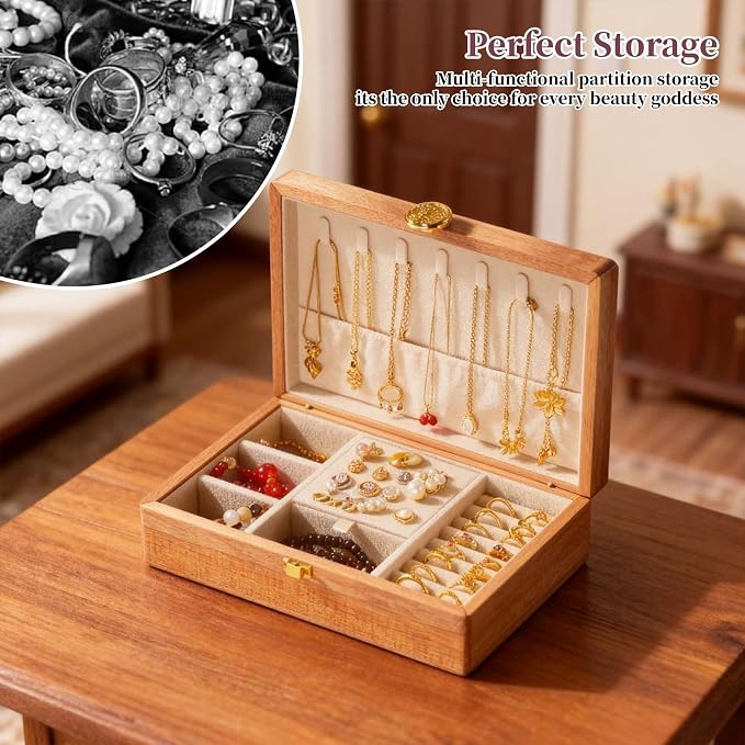 Travel Jewelry Case Small Wood Jewelry Organizer Jewelry Box for Women (Pine Wood Print A) - Image 5