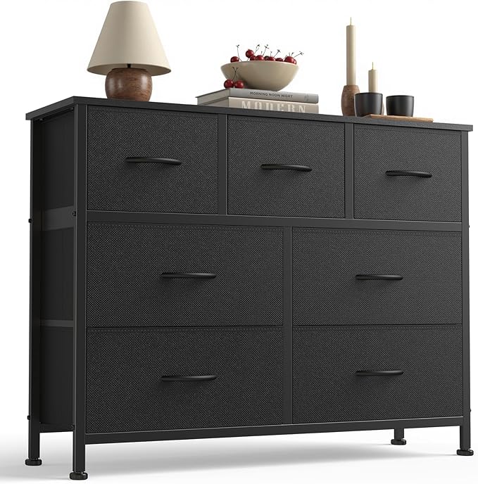 Sweetcrispy 7 Drawer Dresser with Fabric Bins Fabric Storage Tower Organizer for Bedroom Closet Hallway Entryway Tall Chest of Drawers with Steel Frame Wood Top Easy Pull Handles,Black by Sweetcrispy