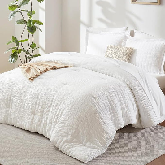 CozyLux Oversized Queen Comforter Set White Seersucker 7 Pieces 98x98 Bed in a Bag Comforter Set with Sheets, Luxury Soft Bedding Sets with Down Alternative Comforter, Sheets, Pillowcases & Shams