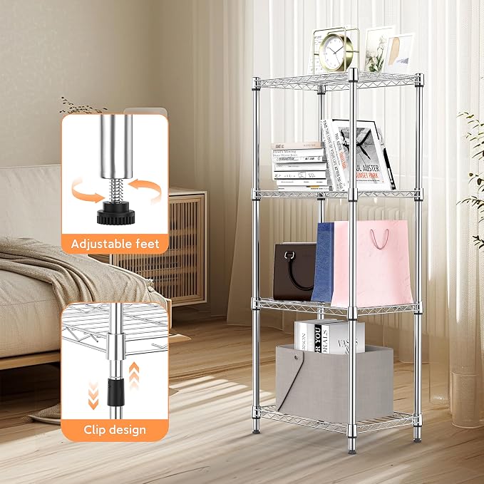 M MZG 4 Tiers Shelf Metal Storage Shelves Wire Rack Closet Organizers with Wheel for Garage Kitchen Bathroom Laundry Chrome 11.8" D x 17.7" W x 41.9" H - Image 5