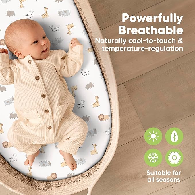 2-Pack Baby Bassinet Sheets Girl, Boy - 33x17 Viscose Derived from Bamboo Bedside Mattress Fitted Bassinet Sheets, Compatible with Halo Bassinest Swivel Sleeper, Baby Delight, Graco (KeaSafari)